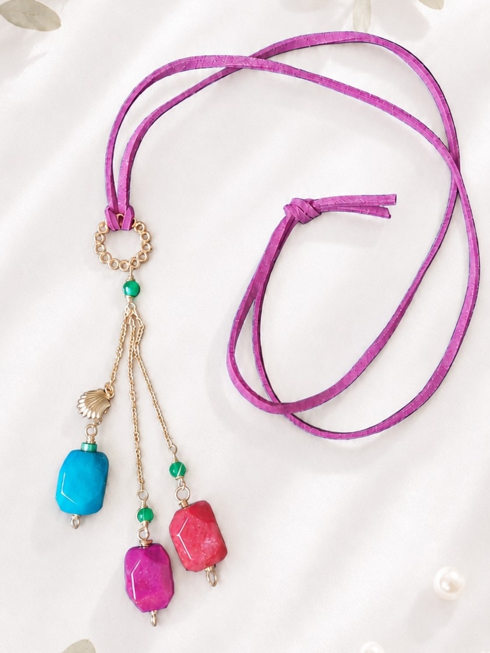 Purple Leather Lariat Necklace with Multicolor Stone Tassels